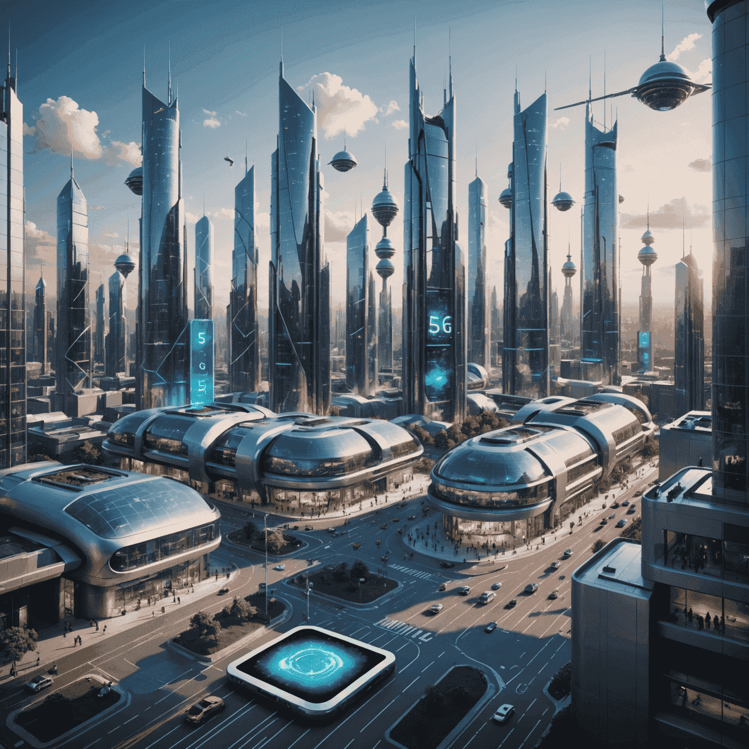 A futuristic cityscape with 5G towers and people using advanced mobile devices, showcasing the interconnectedness of 5G technology