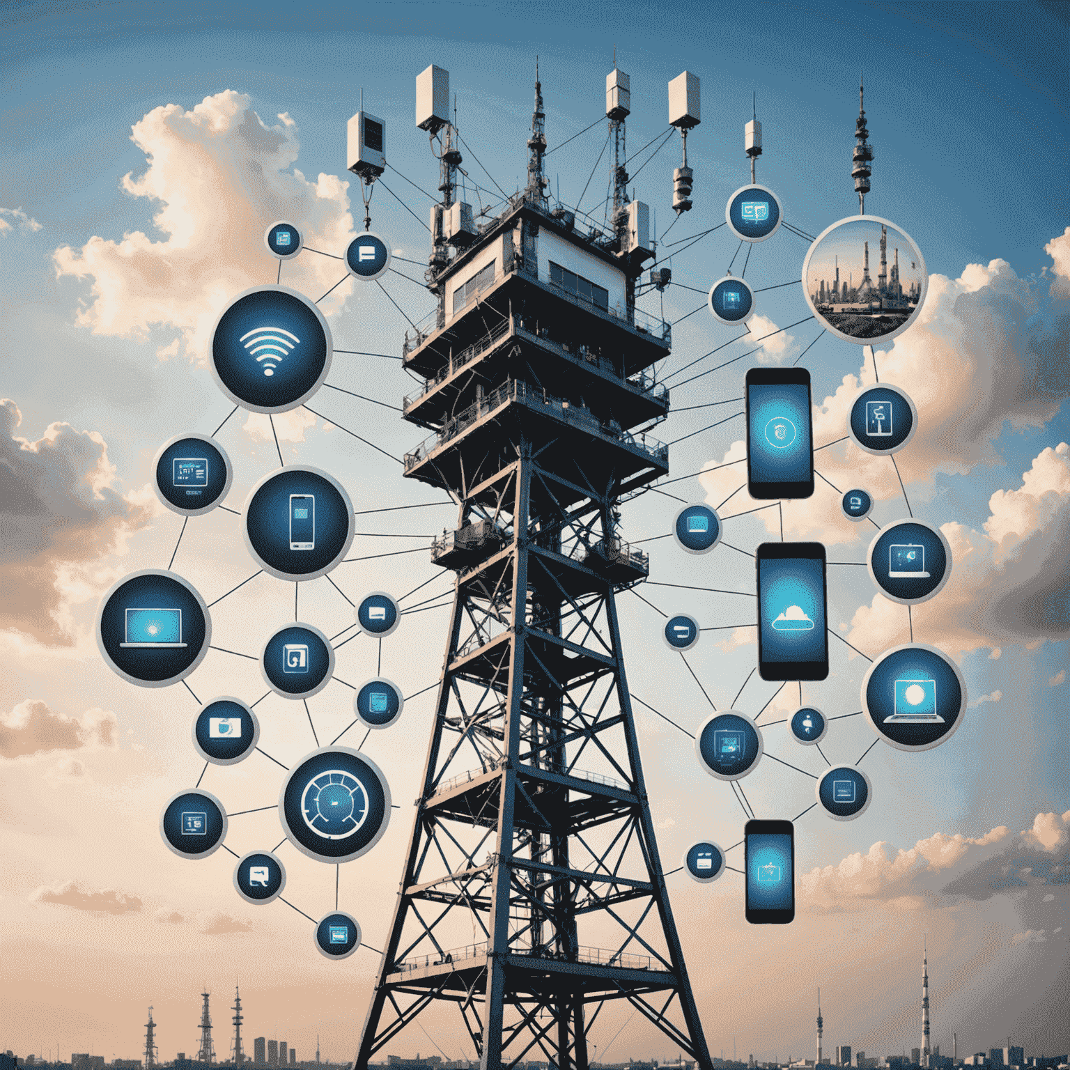 Various IoT devices such as smart home appliances, wearables, and industrial sensors connected to a central mobile network tower, symbolizing the interconnectedness of IoT through mobile communications