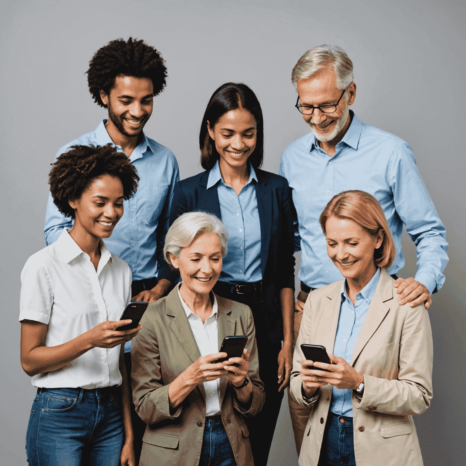 A group of people using mobile phones, representing various voice calling plans. The image shows different age groups and professions to illustrate the flexibility of the plans.