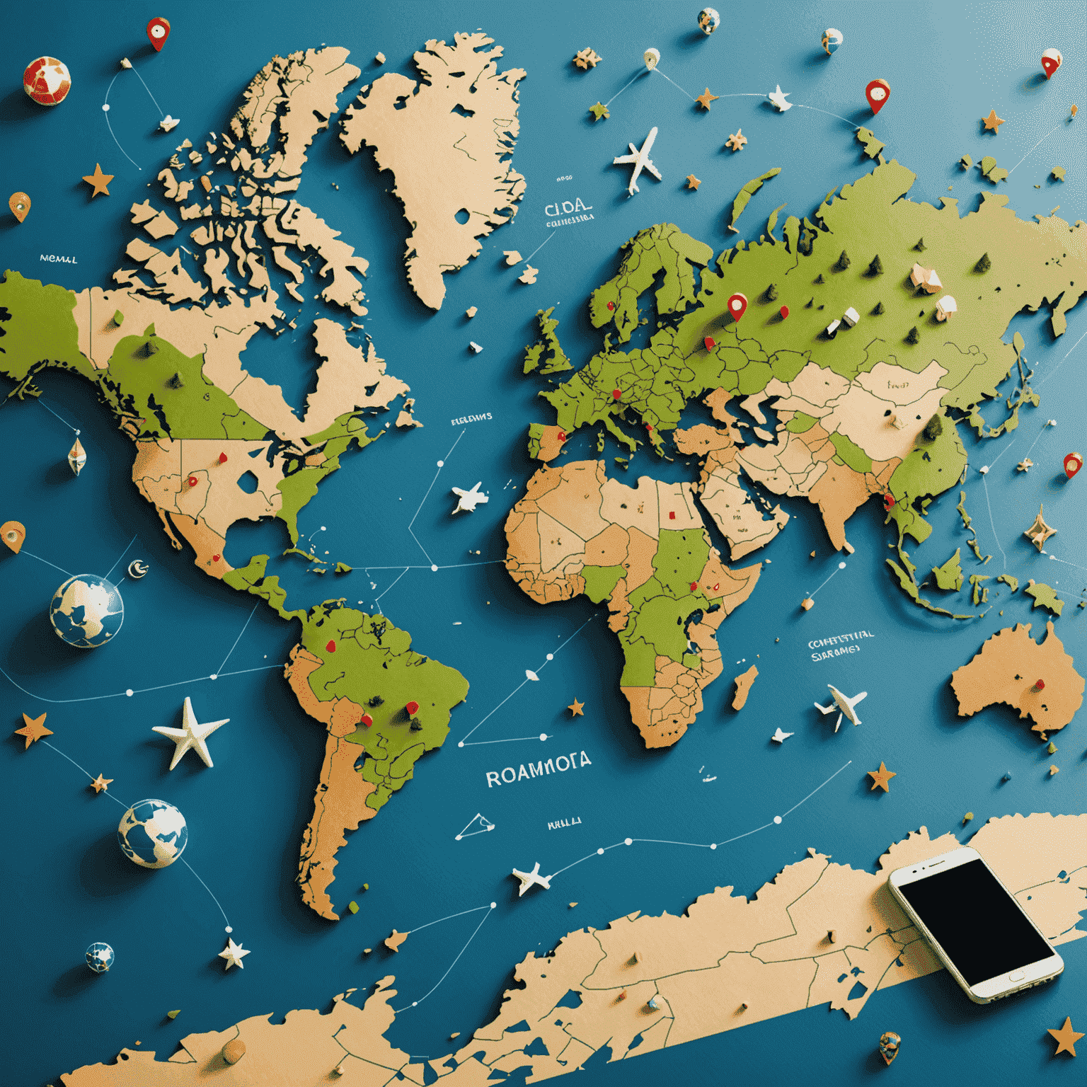 A world map with mobile phone icons scattered across different countries, representing global connectivity and international roaming services