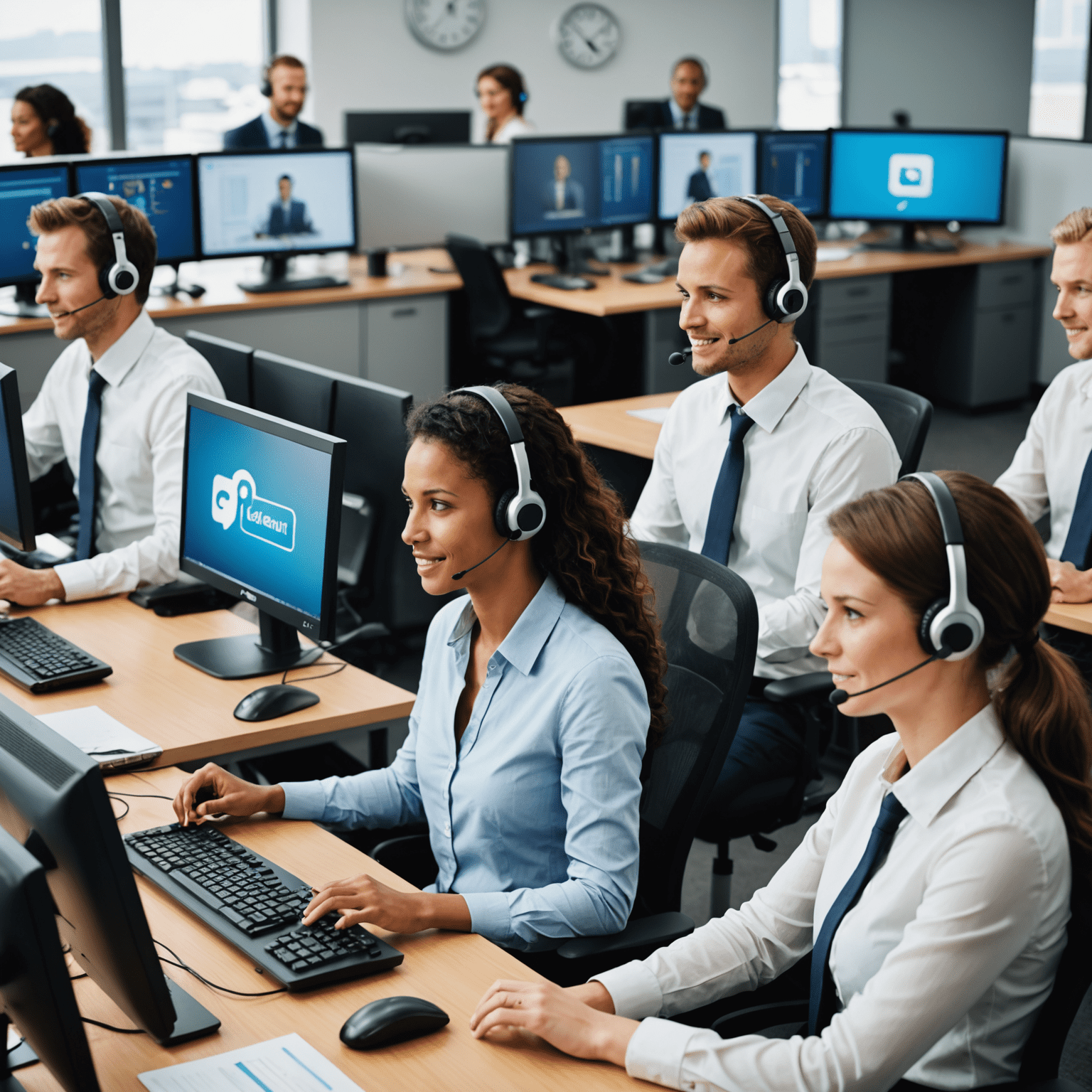 A group of friendly customer support representatives working at their desks with headsets, surrounded by computer screens displaying chat interfaces and phone systems. The image conveys a sense of constant availability and readiness to assist.