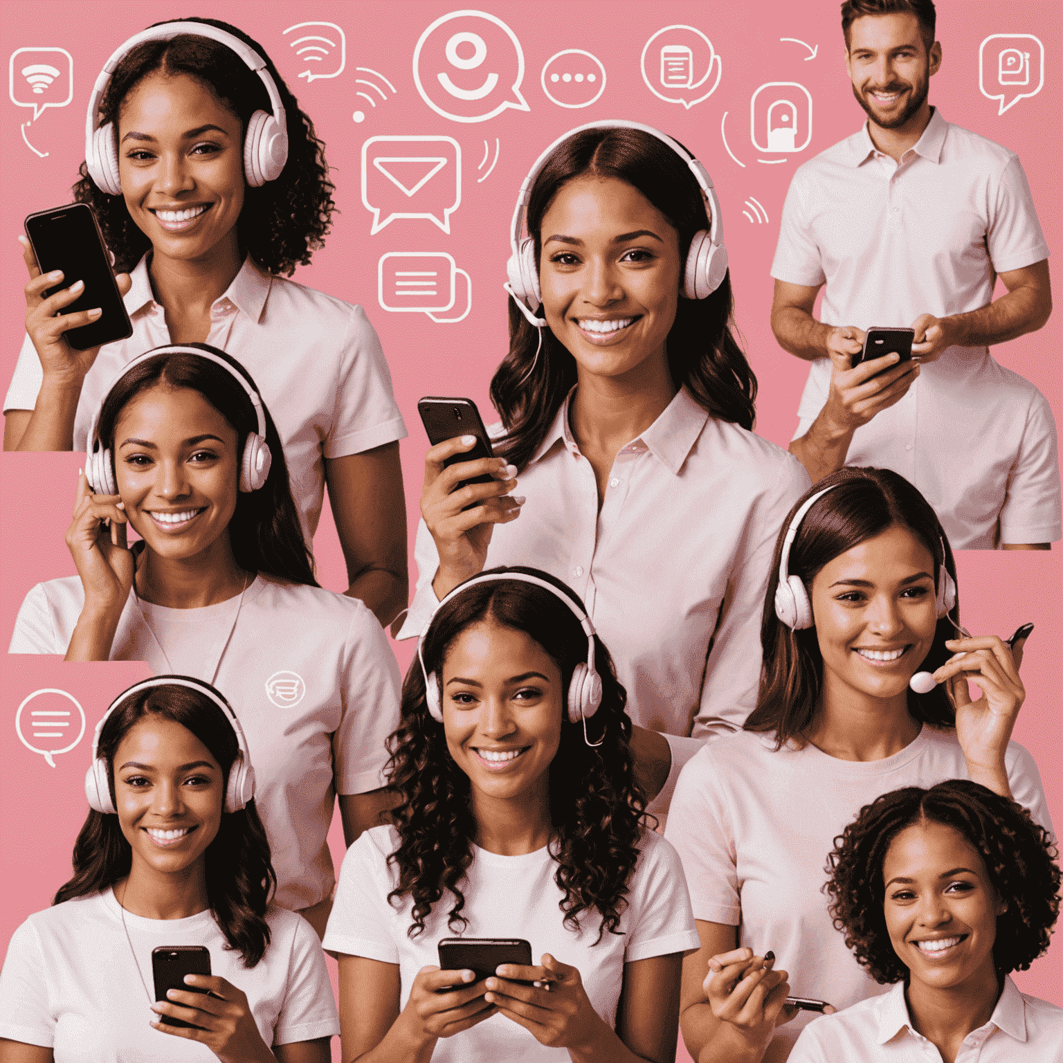 A collage showing happy customers using their phones, secure payment icons, and customer support representatives, all with a pink color scheme