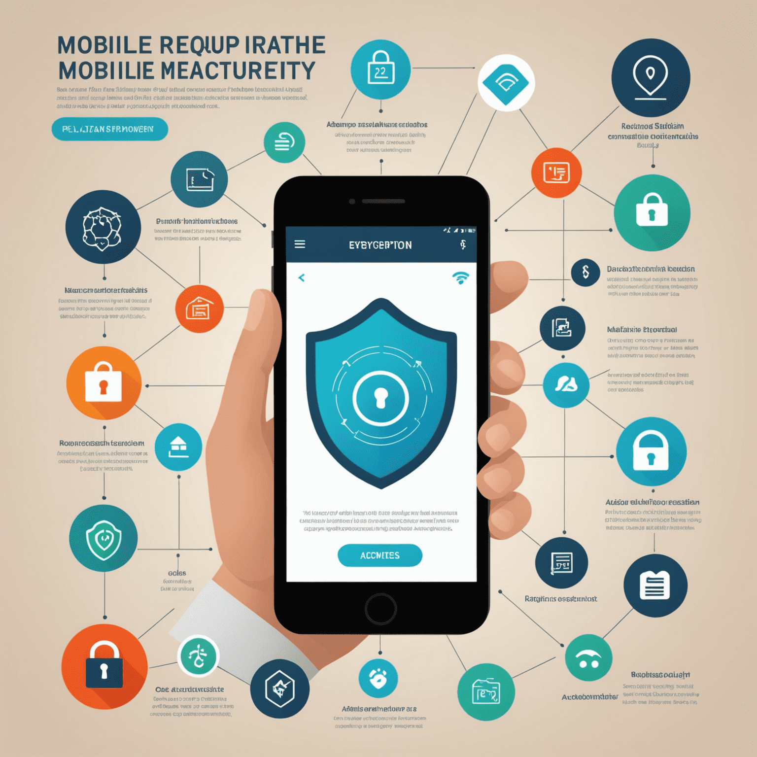 Infographic showing various mobile app security measures including encryption, authentication, and regular updates