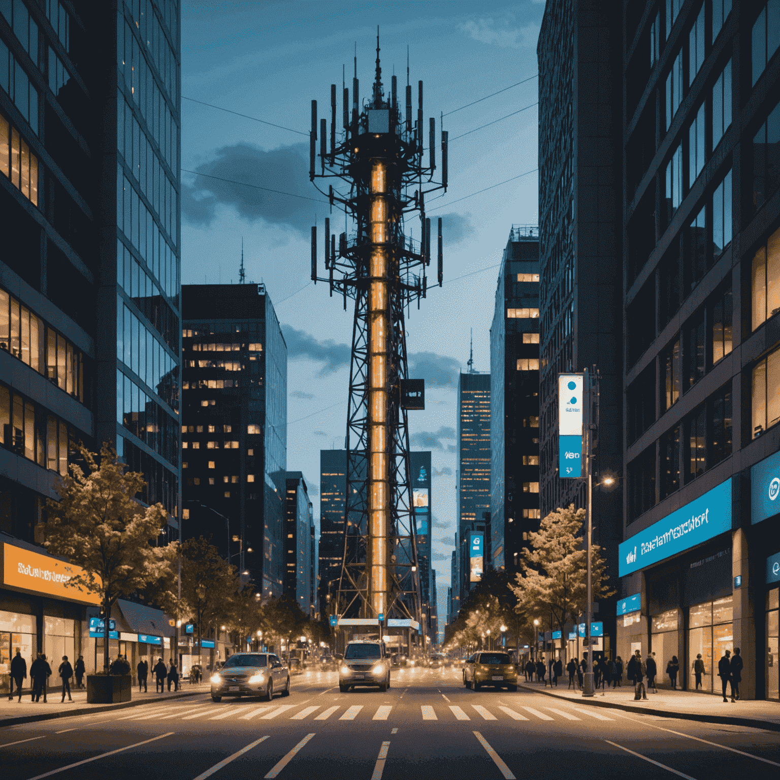 A modern 5G network tower emitting signals to various IoT devices in an urban setting, showcasing the high-speed, low-latency connectivity provided by advanced mobile networks