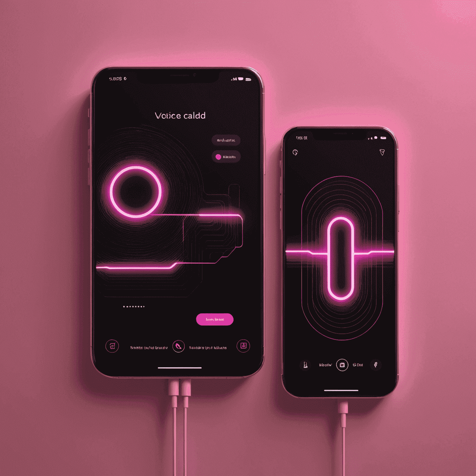 Two smartphones connected by a pink glowing line, representing a voice call in progress