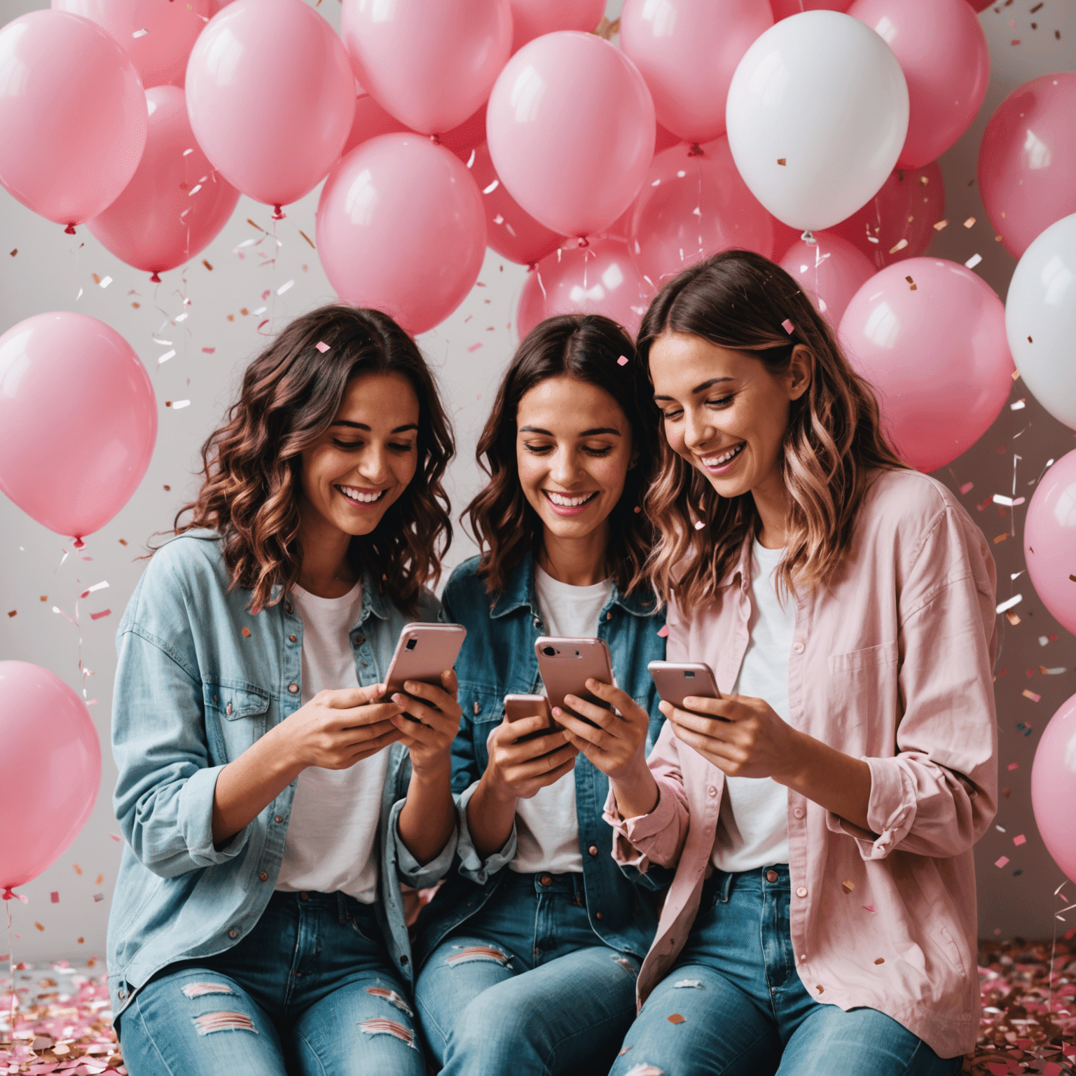 Happy customers using their new smartphones, surrounded by pink balloons and confetti, symbolizing the joy of upgrading