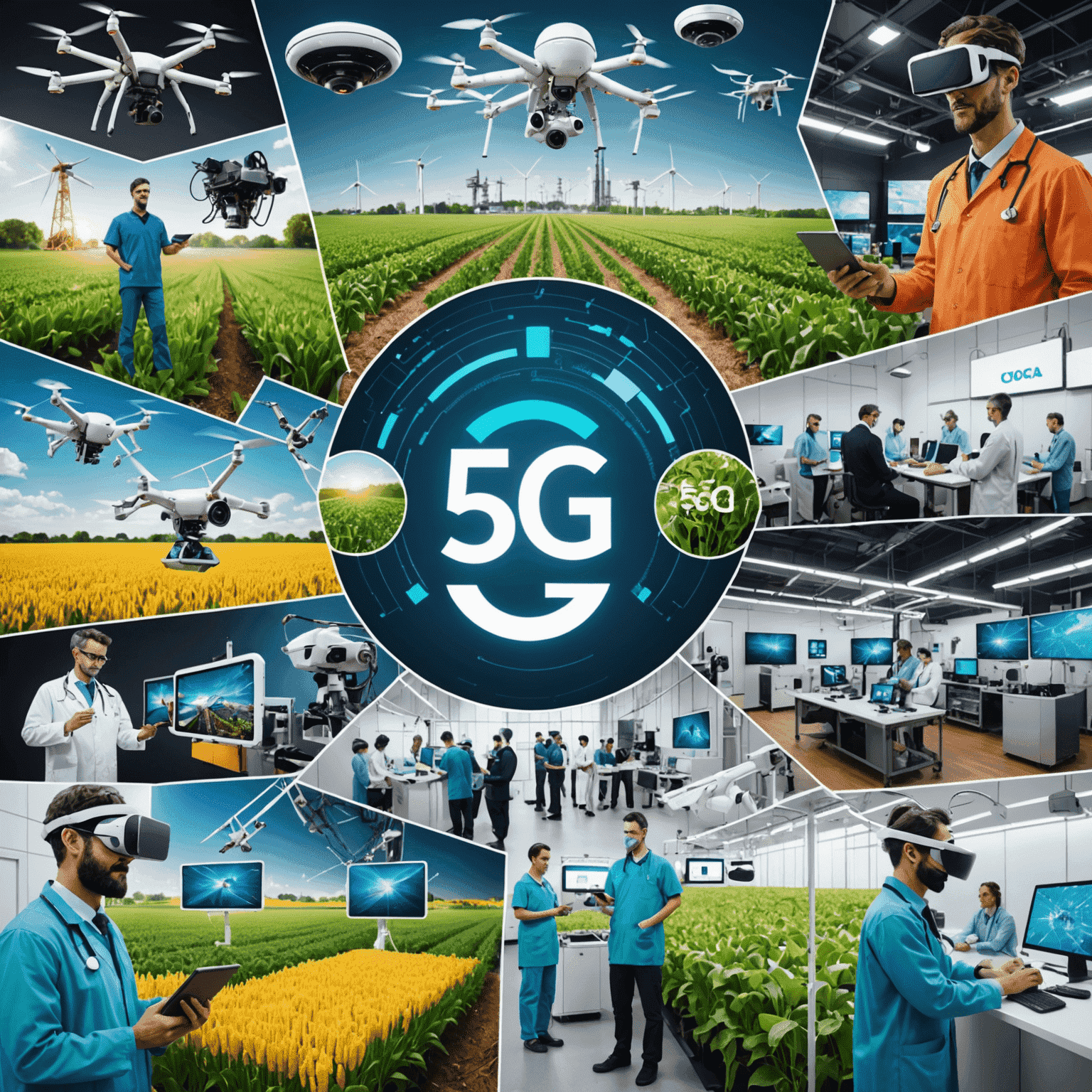 A collage showing 5G applications in different industries: a doctor using telemedicine, a smart factory, drones monitoring crops, and people enjoying VR entertainment