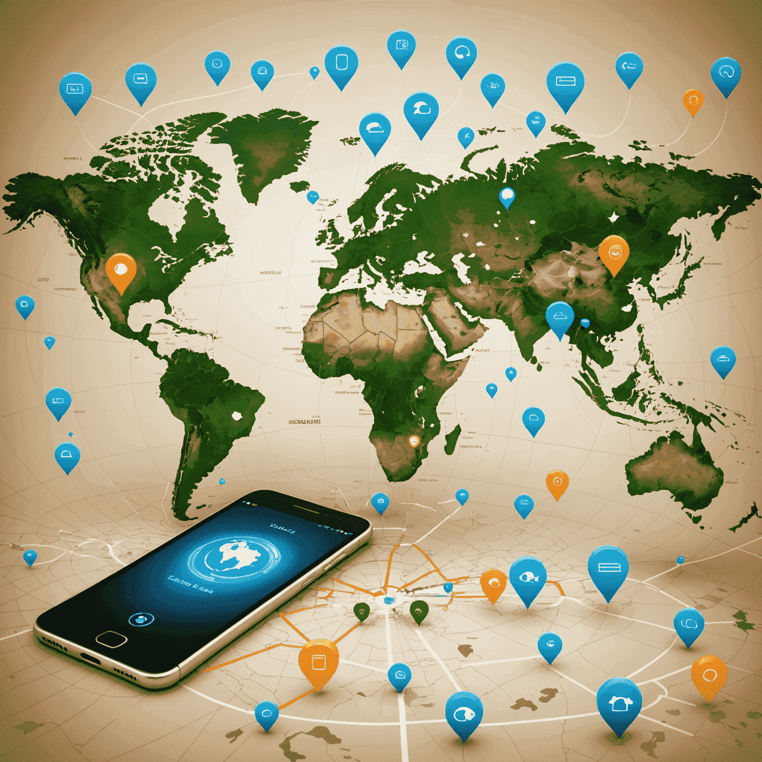 A world map with highlighted countries and mobile signal icons, representing global connectivity and international roaming services.