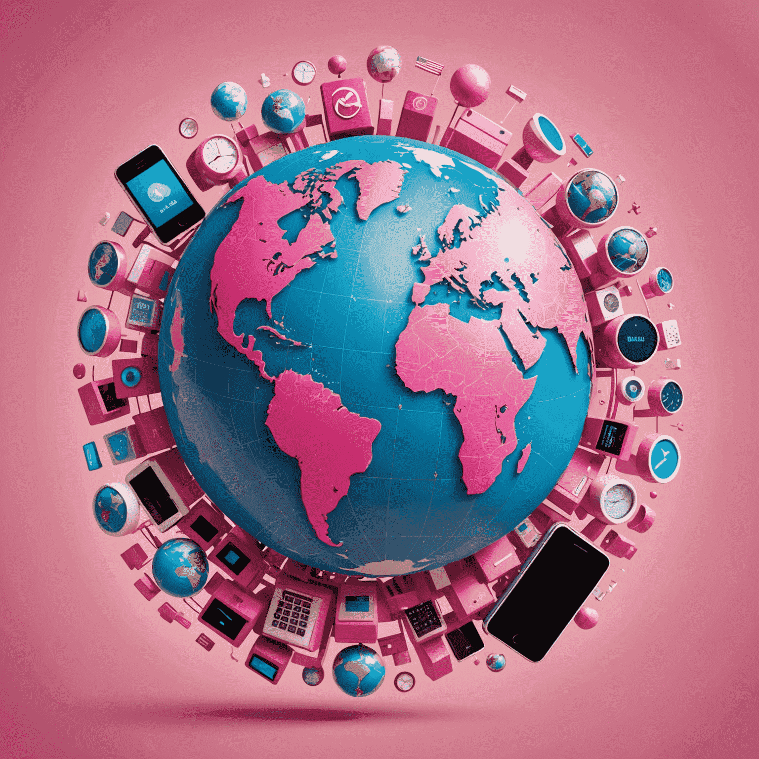 A globe surrounded by pink phone icons, representing unlimited worldwide calling