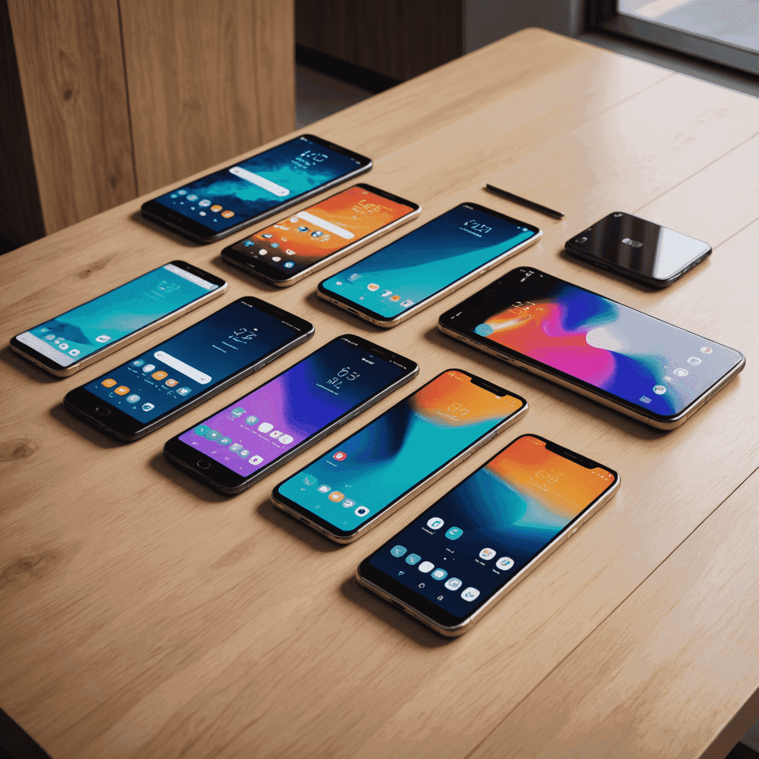 An array of latest smartphone models displayed in a modern setting, showcasing various upgrade options available to customers.