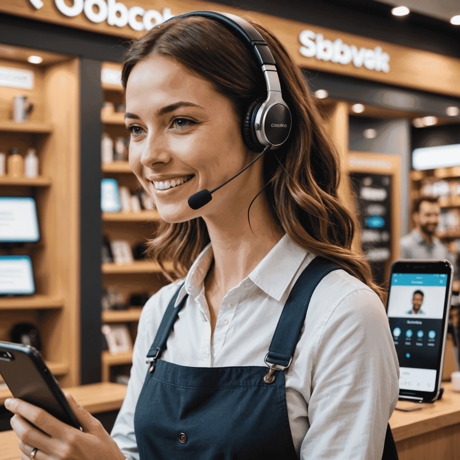 A montage of customer support channels including a smiling representative with a headset, a smartphone displaying a chat interface, and a welcoming store front.